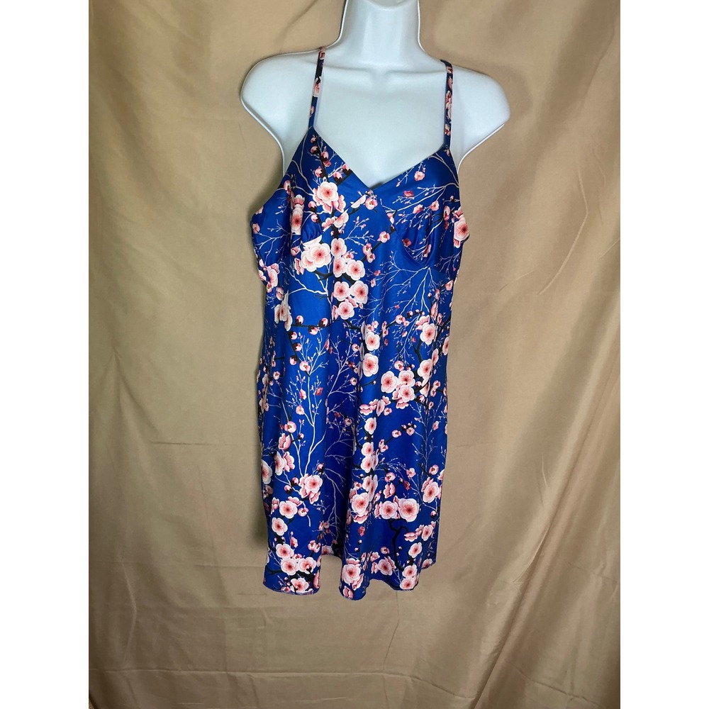 Nightgown Womens Large Blue Excellent Floral Cherry Blossom Satin Slip